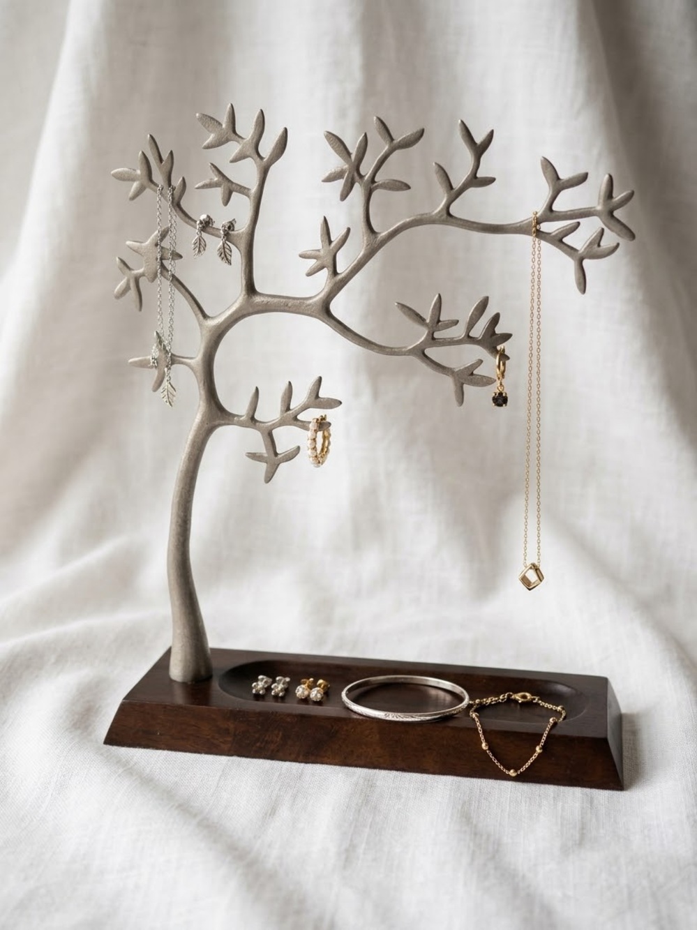 Neutral Silver Tree Jewelry Stand on Wooden Base - Home Accents